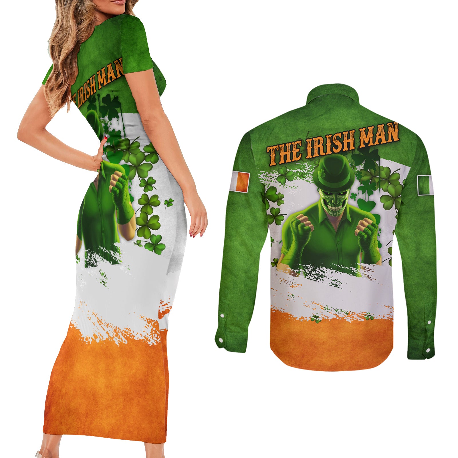 The Irish Man Couples Matching Short Sleeve Bodycon Dress and Long Sleeve Button Shirt - Wonder Print Shop