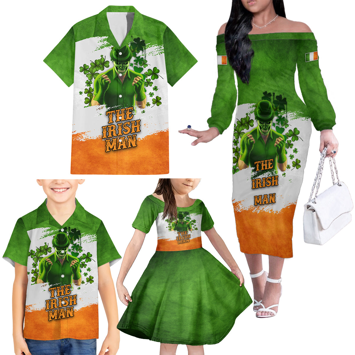 The Irish Man Family Matching Off Shoulder Long Sleeve Dress and Hawaiian Shirt - Wonder Print Shop