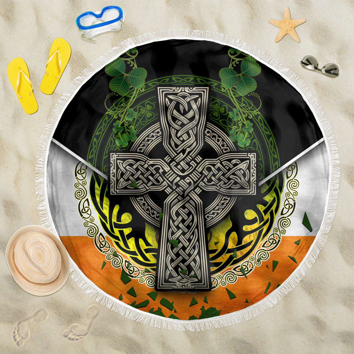 Irish Cross Mix With Shamrock Floral And Flag Beach Blanket - Wonder Print Shop