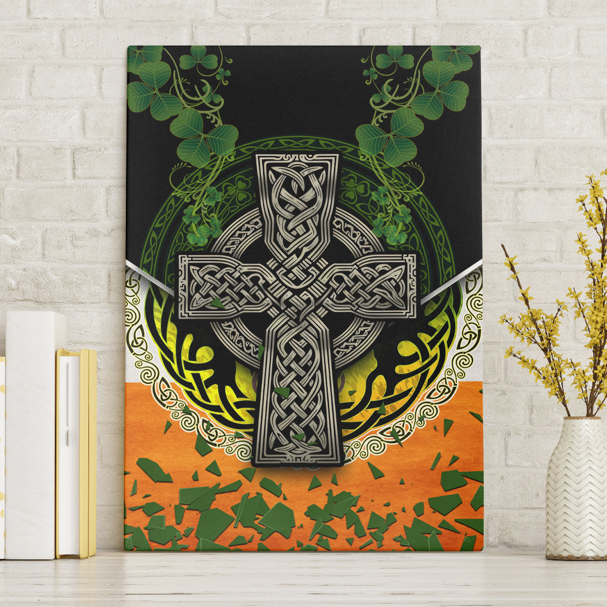 Irish Cross Mix With Shamrock Floral And Flag Canvas Wall Art - Wonder Print Shop
