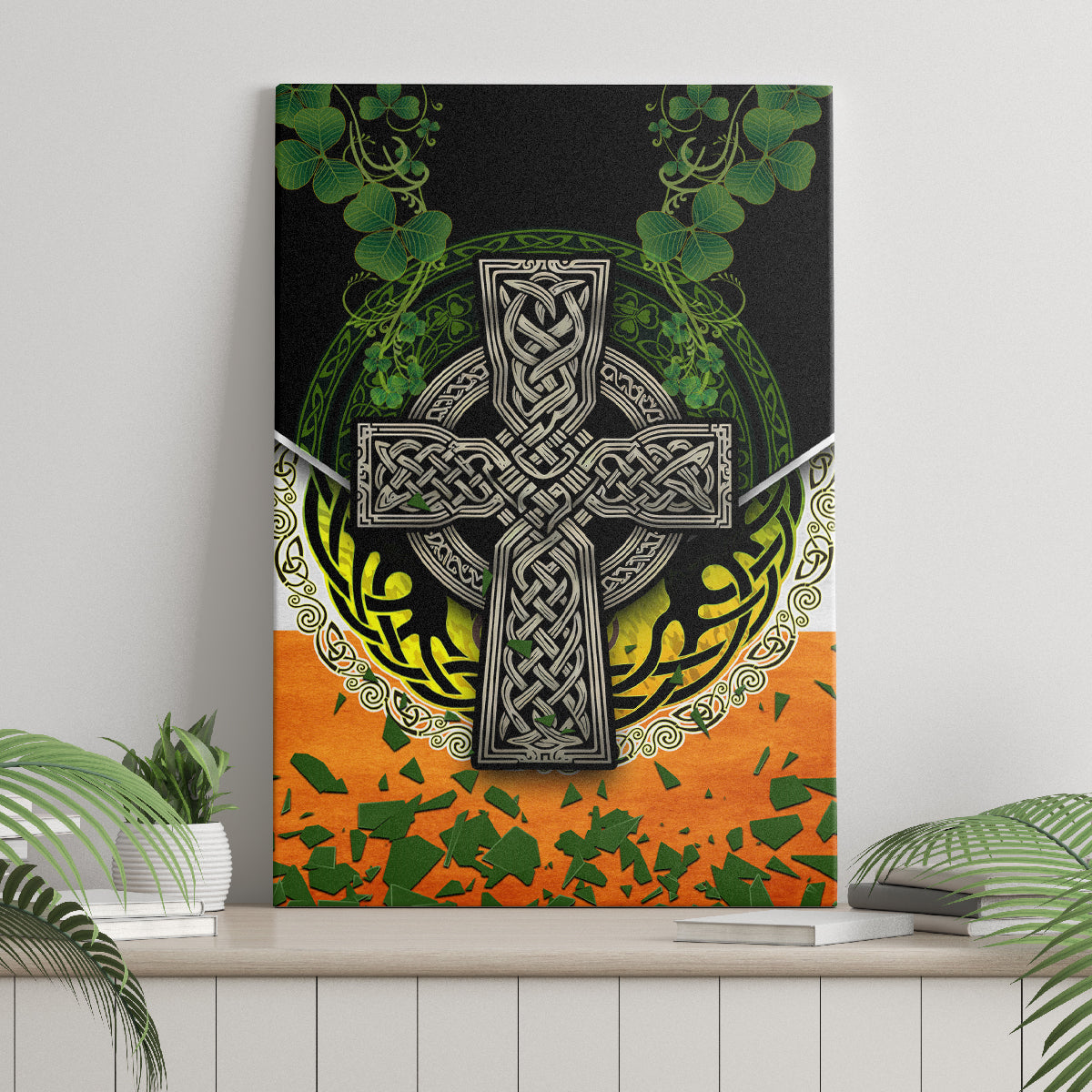 Irish Cross Mix With Shamrock Floral And Flag Canvas Wall Art - Wonder Print Shop