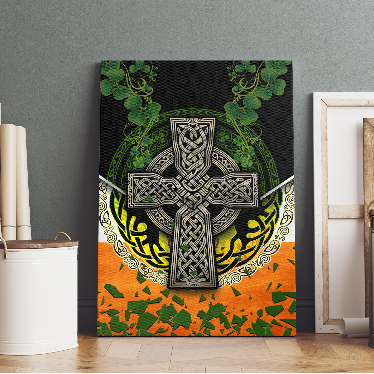 Irish Cross Mix With Shamrock Floral And Flag Canvas Wall Art - Wonder Print Shop