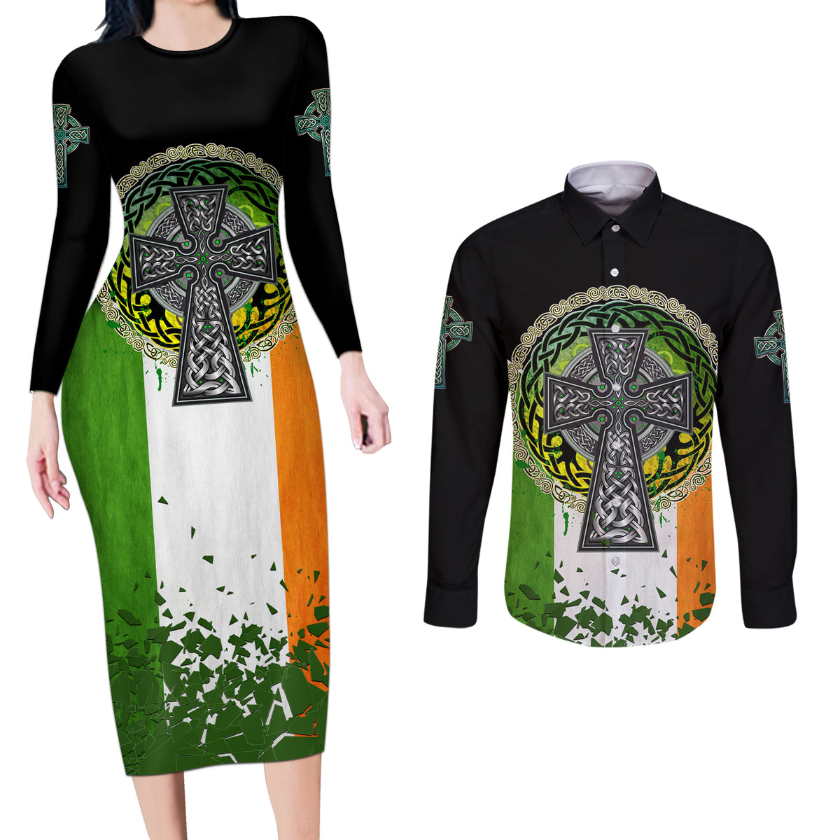 Irish Cross Mix With Shamrock Floral And Flag Couples Matching Long Sleeve Bodycon Dress and Long Sleeve Button Shirt - Wonder Print Shop