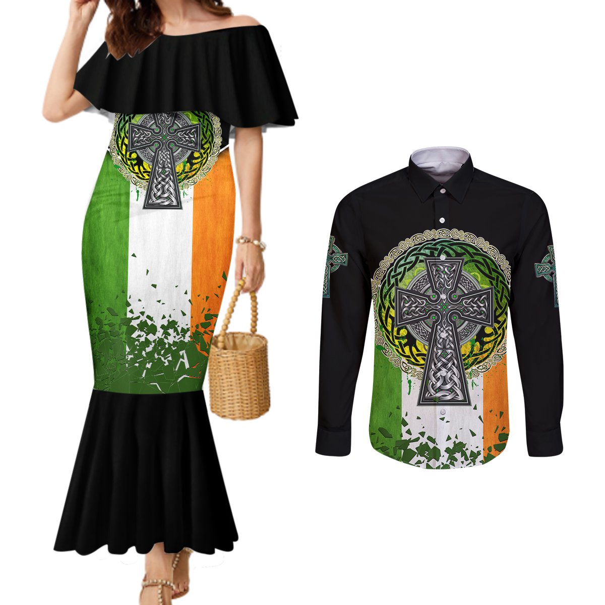 Irish Cross Mix With Shamrock Floral And Flag Couples Matching Mermaid Dress and Long Sleeve Button Shirt
