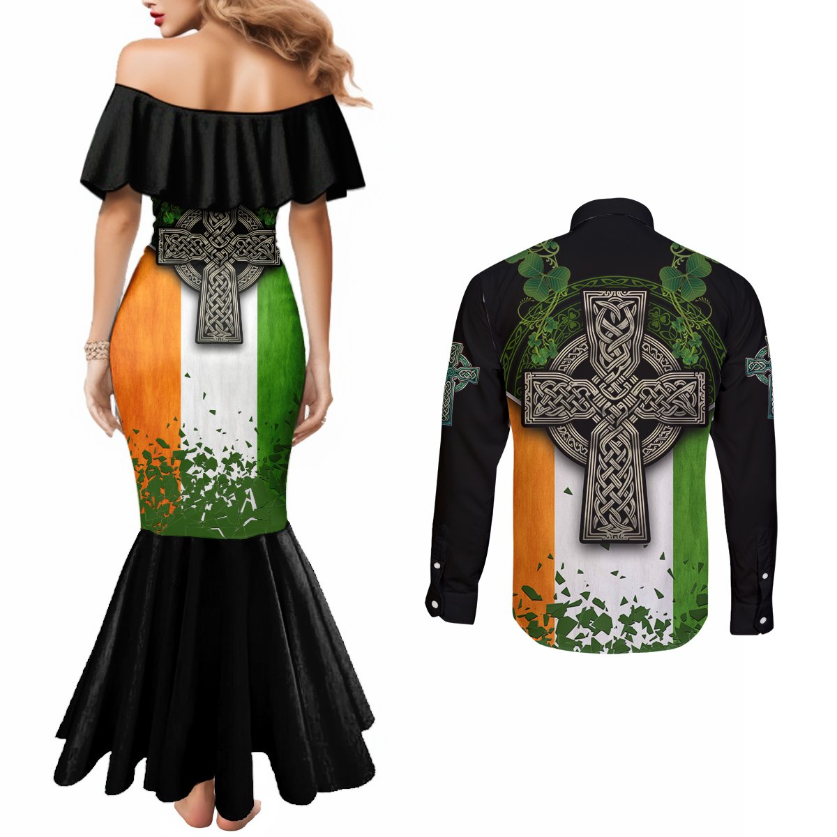 Irish Cross Mix With Shamrock Floral And Flag Couples Matching Mermaid Dress and Long Sleeve Button Shirt