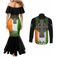 Irish Cross Mix With Shamrock Floral And Flag Couples Matching Mermaid Dress and Long Sleeve Button Shirt
