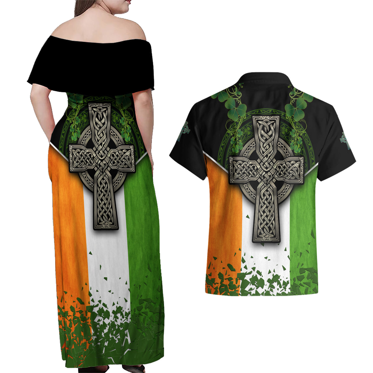 Irish Cross Mix With Shamrock Floral And Flag Couples Matching Off Shoulder Maxi Dress and Hawaiian Shirt - Wonder Print Shop