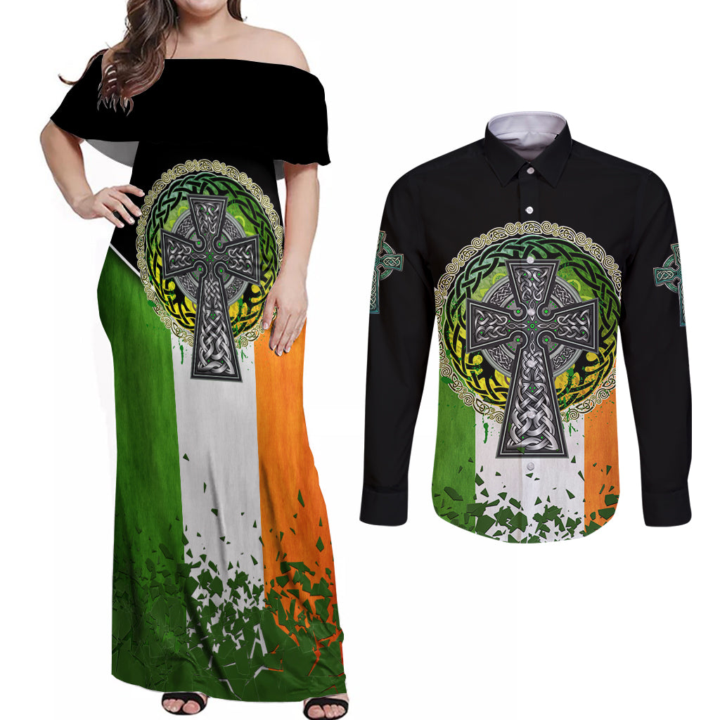 Irish Cross Mix With Shamrock Floral And Flag Couples Matching Off Shoulder Maxi Dress and Long Sleeve Button Shirt - Wonder Print Shop