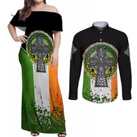 Irish Cross Mix With Shamrock Floral And Flag Couples Matching Off Shoulder Maxi Dress and Long Sleeve Button Shirt - Wonder Print Shop