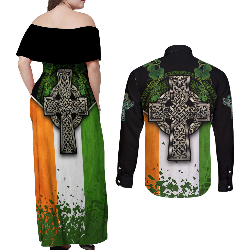 Irish Cross Mix With Shamrock Floral And Flag Couples Matching Off Shoulder Maxi Dress and Long Sleeve Button Shirt - Wonder Print Shop