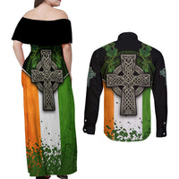 Irish Cross Mix With Shamrock Floral And Flag Couples Matching Off Shoulder Maxi Dress and Long Sleeve Button Shirt - Wonder Print Shop