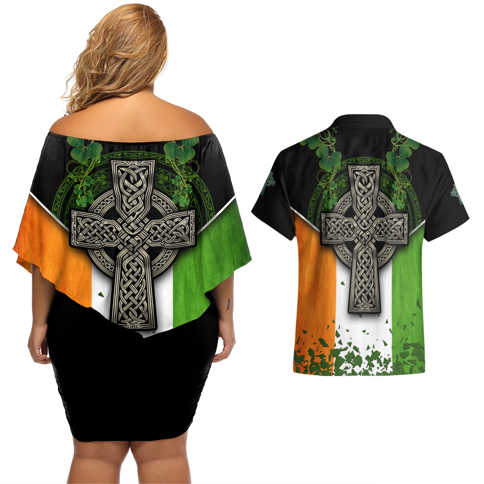 Irish Cross Mix With Shamrock Floral And Flag Couples Matching Off Shoulder Short Dress and Hawaiian Shirt - Wonder Print Shop