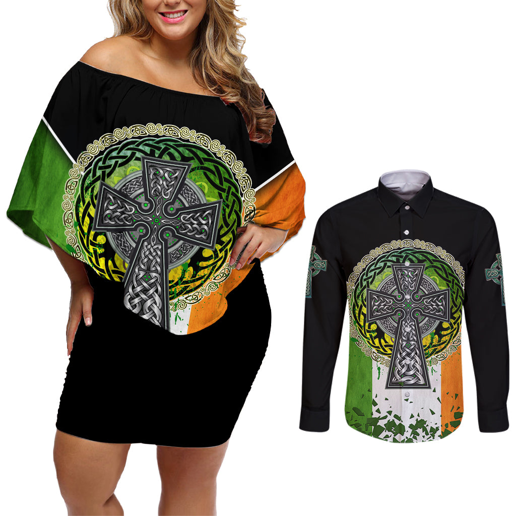 Irish Cross Mix With Shamrock Floral And Flag Couples Matching Off Shoulder Short Dress and Long Sleeve Button Shirt - Wonder Print Shop