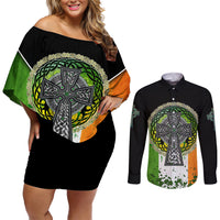 Irish Cross Mix With Shamrock Floral And Flag Couples Matching Off Shoulder Short Dress and Long Sleeve Button Shirt - Wonder Print Shop