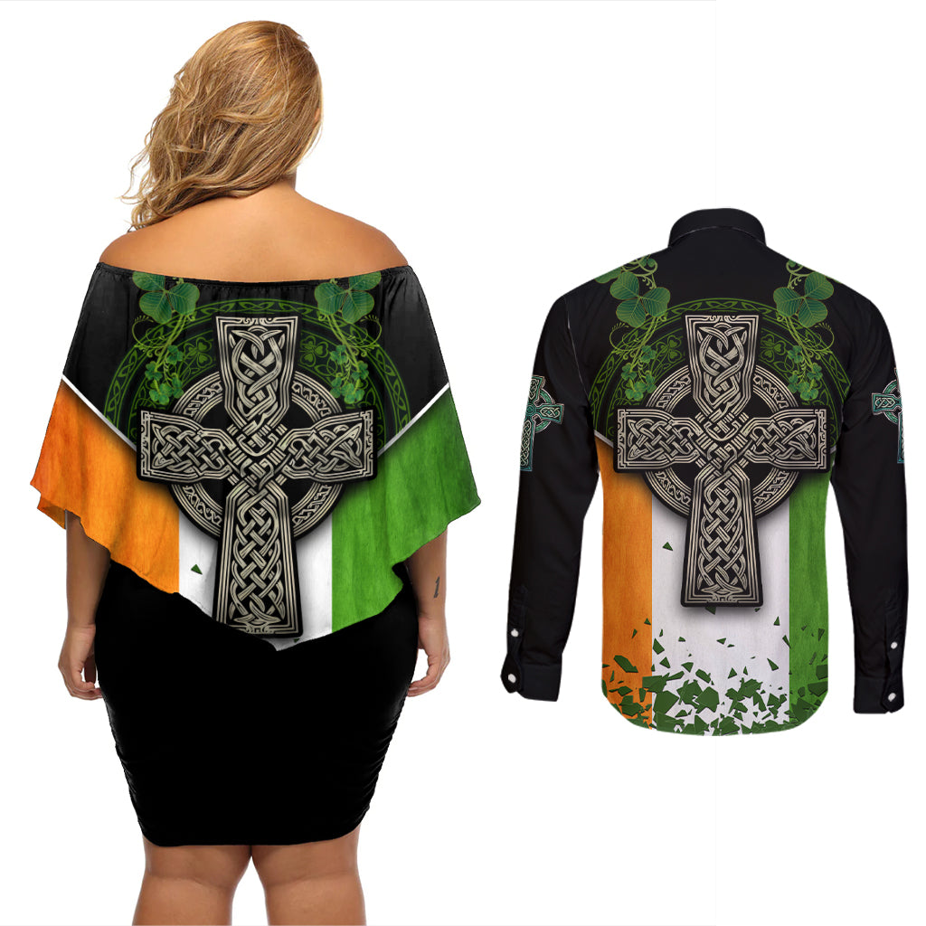 Irish Cross Mix With Shamrock Floral And Flag Couples Matching Off Shoulder Short Dress and Long Sleeve Button Shirt - Wonder Print Shop