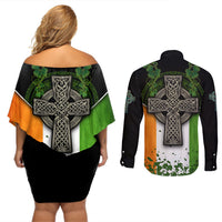 Irish Cross Mix With Shamrock Floral And Flag Couples Matching Off Shoulder Short Dress and Long Sleeve Button Shirt - Wonder Print Shop