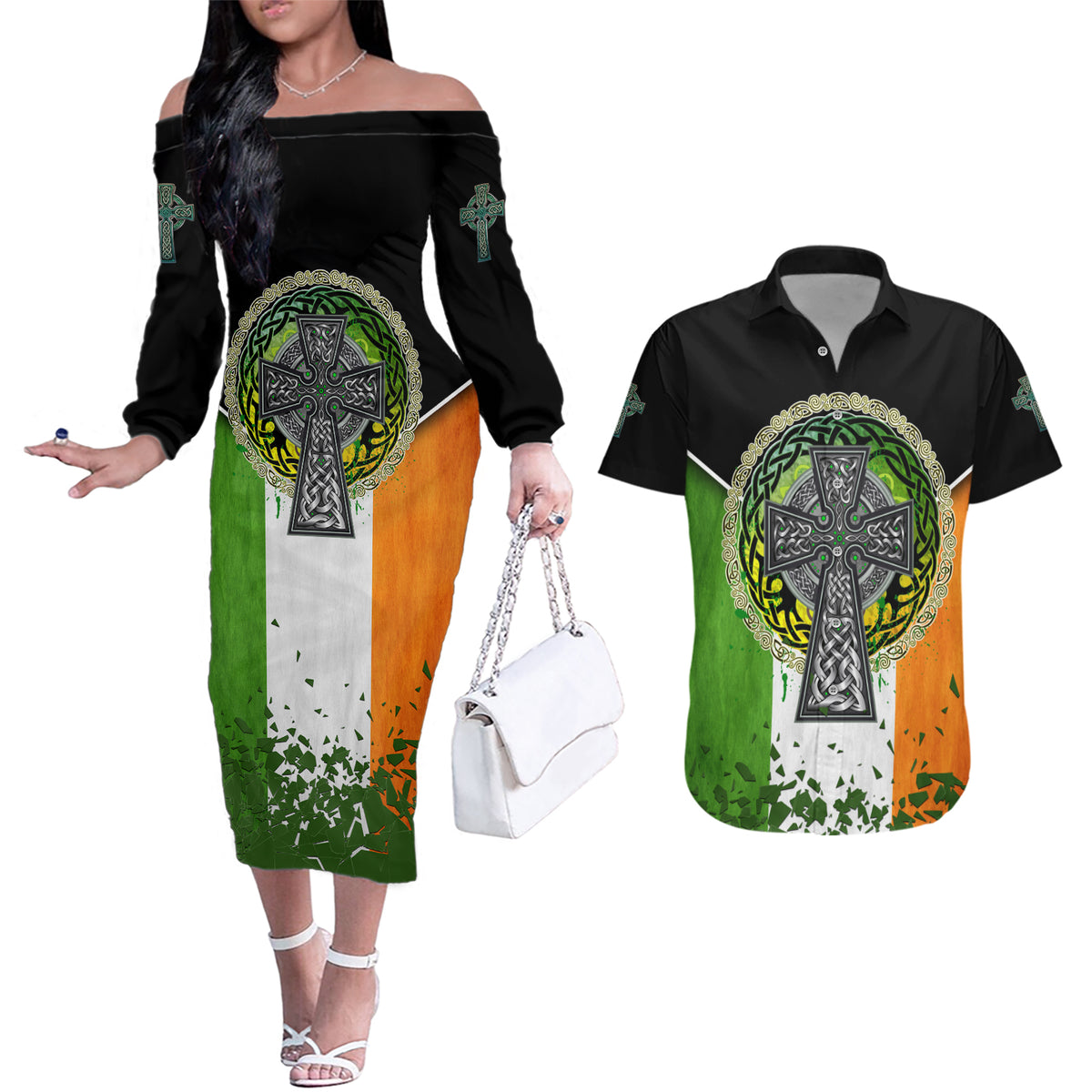 Irish Cross Mix With Shamrock Floral And Flag Couples Matching Off The Shoulder Long Sleeve Dress and Hawaiian Shirt - Wonder Print Shop