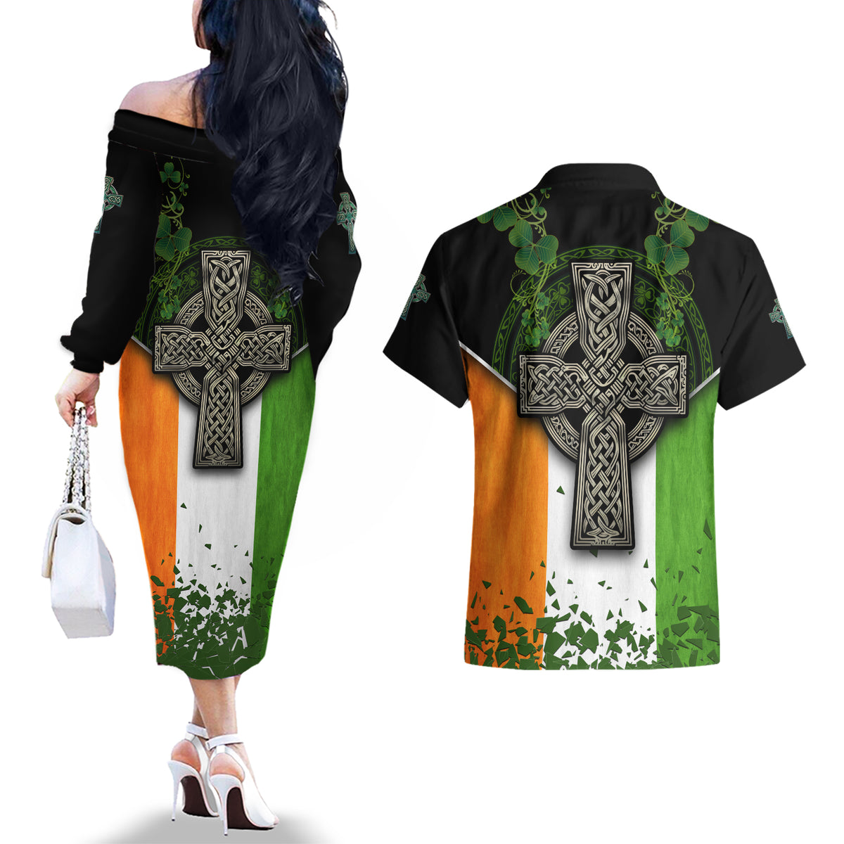 Irish Cross Mix With Shamrock Floral And Flag Couples Matching Off The Shoulder Long Sleeve Dress and Hawaiian Shirt - Wonder Print Shop
