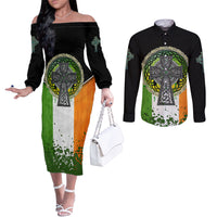 Irish Cross Mix With Shamrock Floral And Flag Couples Matching Off The Shoulder Long Sleeve Dress and Long Sleeve Button Shirt