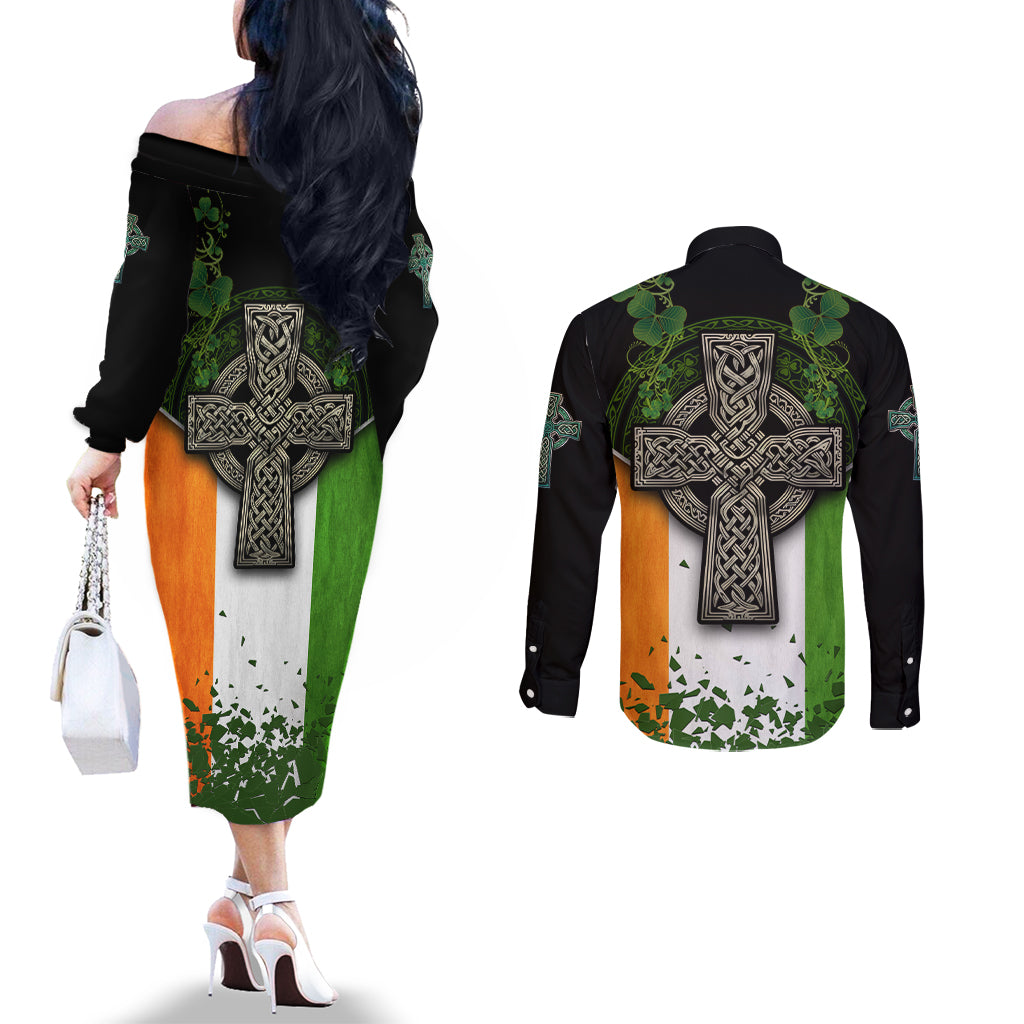 Irish Cross Mix With Shamrock Floral And Flag Couples Matching Off The Shoulder Long Sleeve Dress and Long Sleeve Button Shirt