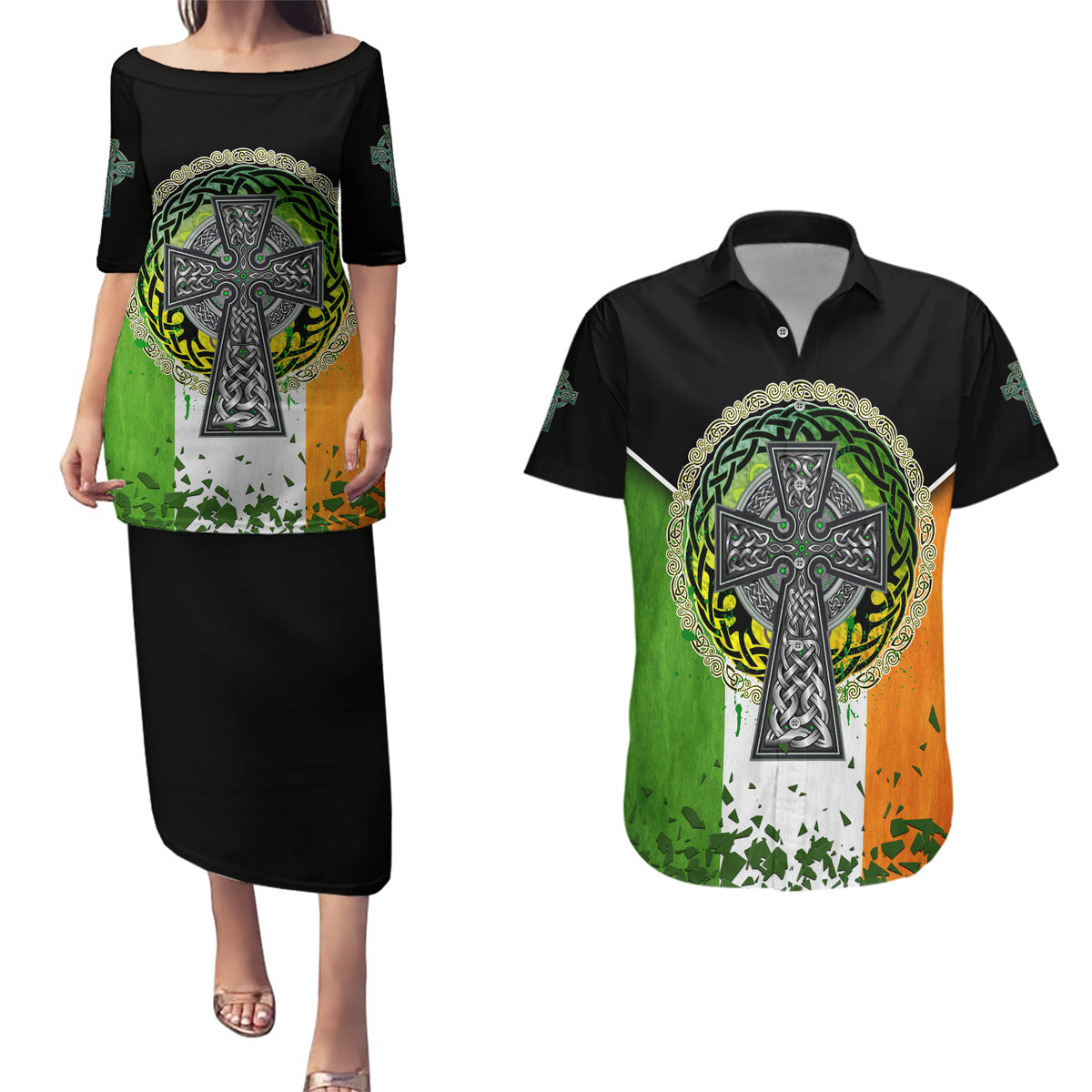 Irish Cross Mix With Shamrock Floral And Flag Couples Matching Puletasi and Hawaiian Shirt - Wonder Print Shop