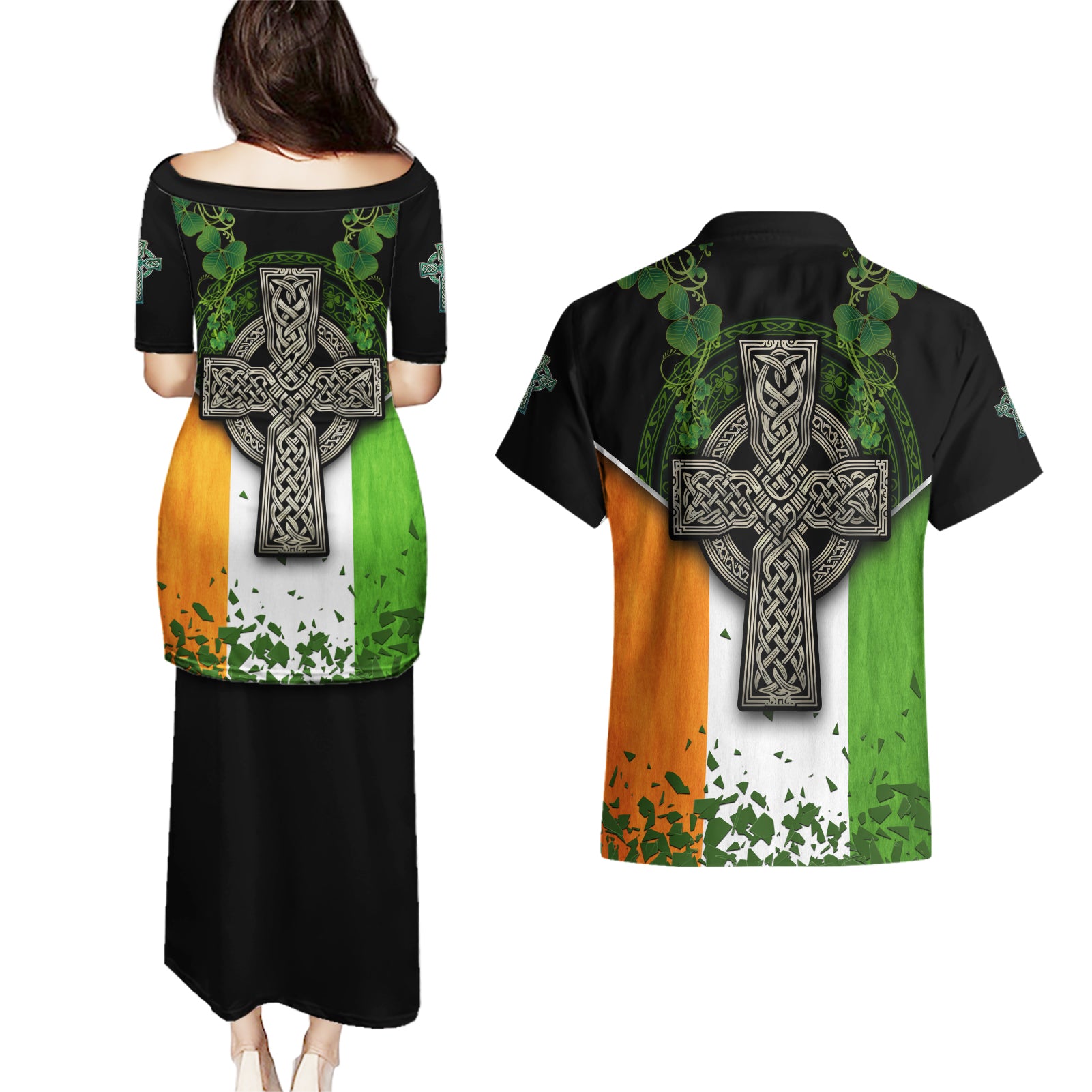Irish Cross Mix With Shamrock Floral And Flag Couples Matching Puletasi and Hawaiian Shirt - Wonder Print Shop