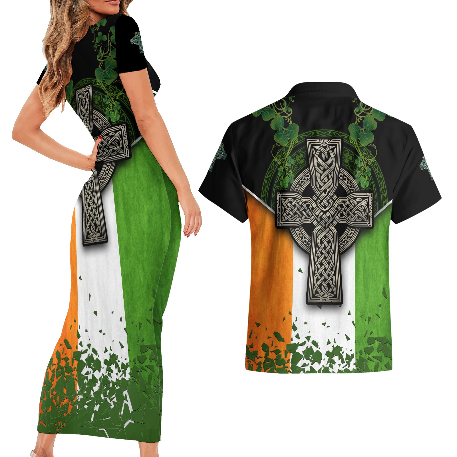Irish Cross Mix With Shamrock Floral And Flag Couples Matching Short Sleeve Bodycon Dress and Hawaiian Shirt - Wonder Print Shop