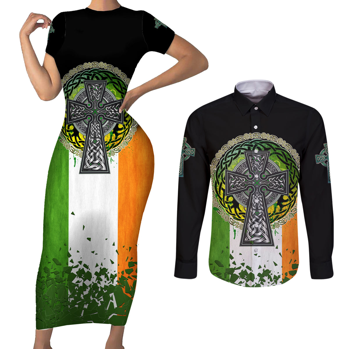 Irish Cross Mix With Shamrock Floral And Flag Couples Matching Short Sleeve Bodycon Dress and Long Sleeve Button Shirt - Wonder Print Shop