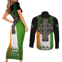 Irish Cross Mix With Shamrock Floral And Flag Couples Matching Short Sleeve Bodycon Dress and Long Sleeve Button Shirt - Wonder Print Shop