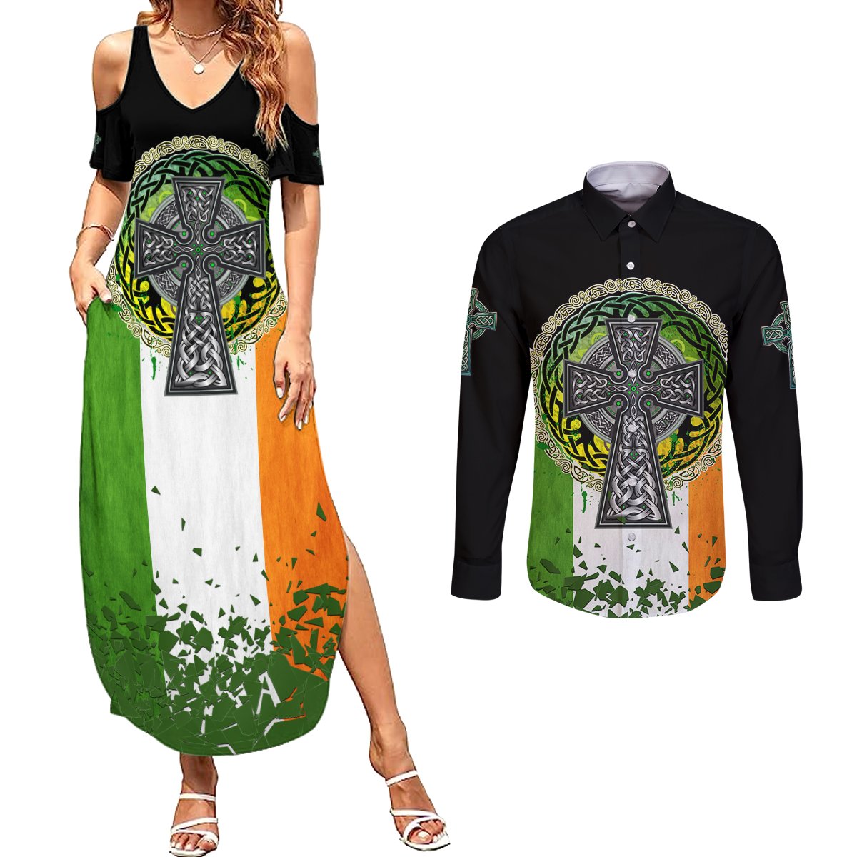 Irish Cross Mix With Shamrock Floral And Flag Couples Matching Summer Maxi Dress and Long Sleeve Button Shirt - Wonder Print Shop