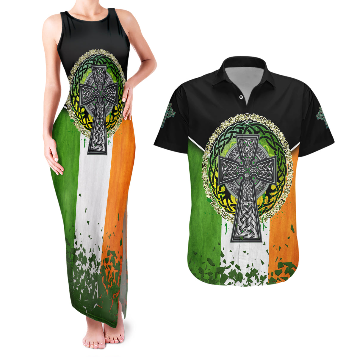 Irish Cross Mix With Shamrock Floral And Flag Couples Matching Tank Maxi Dress and Hawaiian Shirt - Wonder Print Shop
