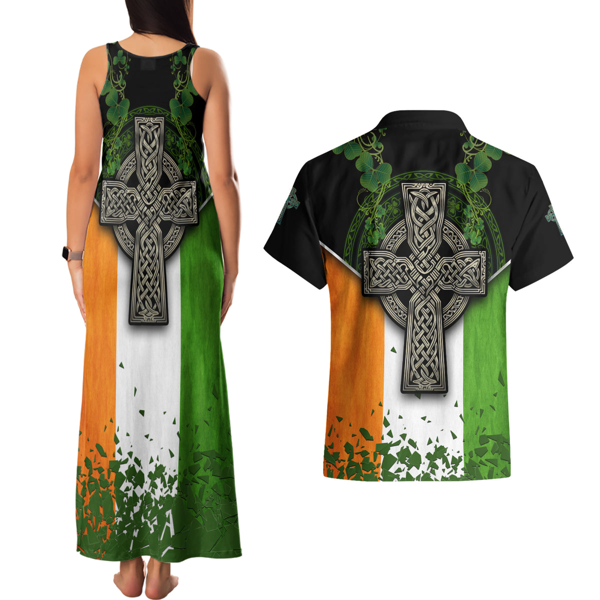 Irish Cross Mix With Shamrock Floral And Flag Couples Matching Tank Maxi Dress and Hawaiian Shirt - Wonder Print Shop