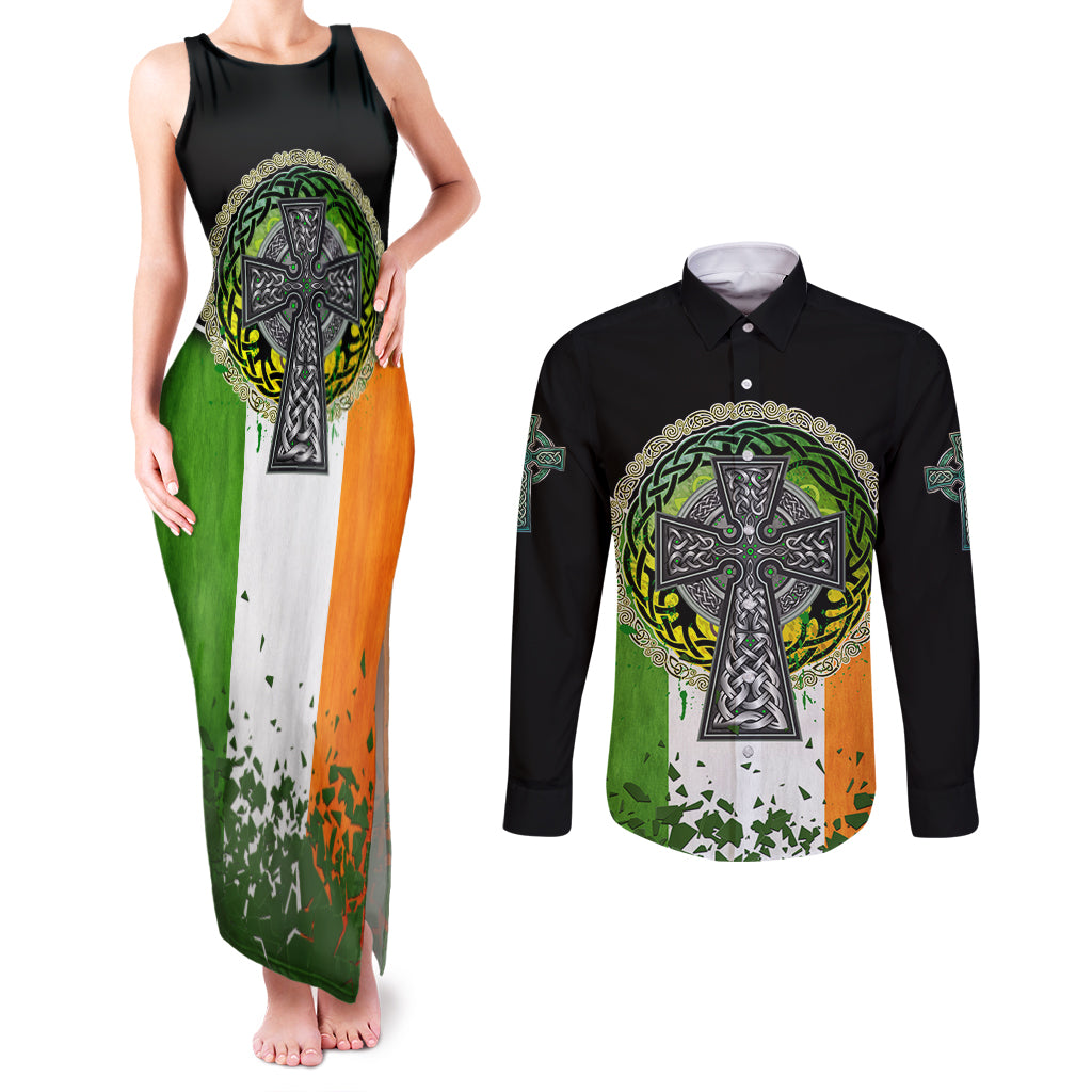 Irish Cross Mix With Shamrock Floral And Flag Couples Matching Tank Maxi Dress and Long Sleeve Button Shirt - Wonder Print Shop