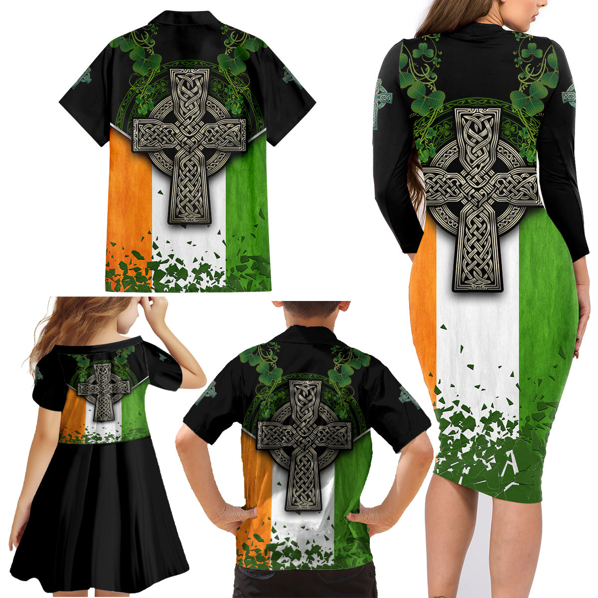 Irish Cross Mix With Shamrock Floral And Flag Family Matching Long Sleeve Bodycon Dress and Hawaiian Shirt - Wonder Print Shop