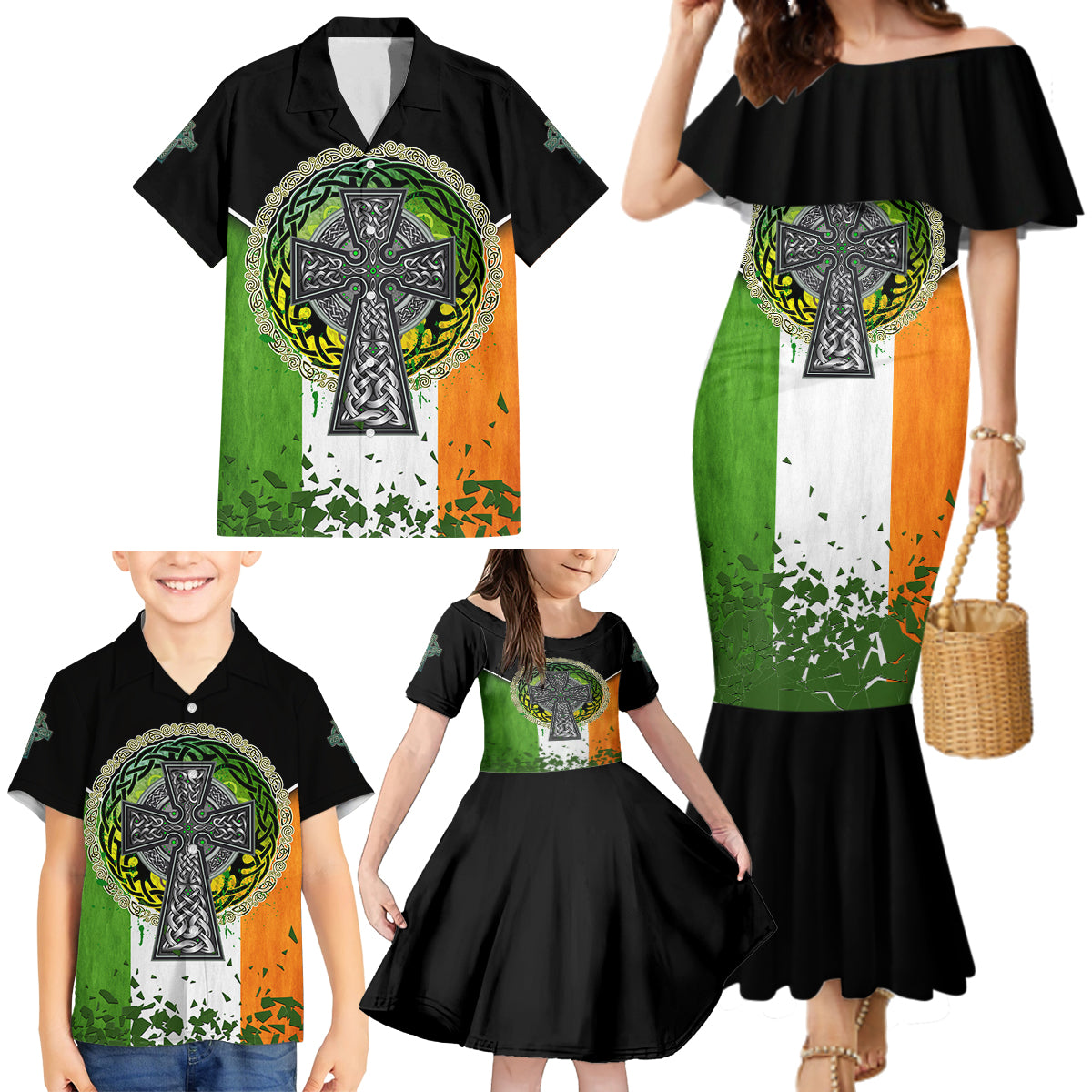 Irish Cross Mix With Shamrock Floral And Flag Family Matching Mermaid Dress and Hawaiian Shirt - Wonder Print Shop
