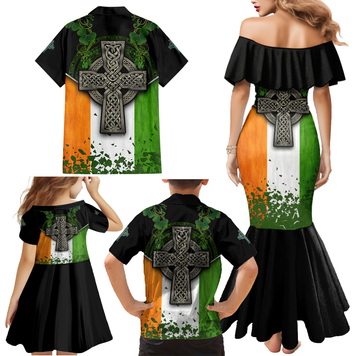 Irish Cross Mix With Shamrock Floral And Flag Family Matching Mermaid Dress and Hawaiian Shirt - Wonder Print Shop
