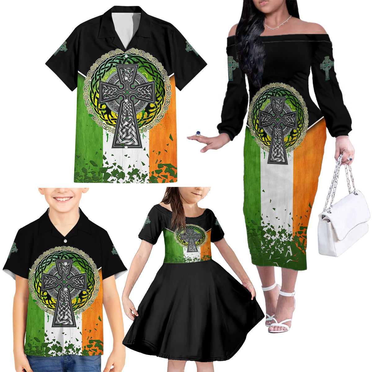 Irish Cross Mix With Shamrock Floral And Flag Family Matching Off Shoulder Long Sleeve Dress and Hawaiian Shirt - Wonder Print Shop