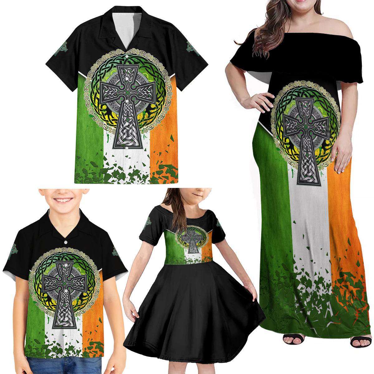Irish Cross Mix With Shamrock Floral And Flag Family Matching Off Shoulder Maxi Dress and Hawaiian Shirt - Wonder Print Shop