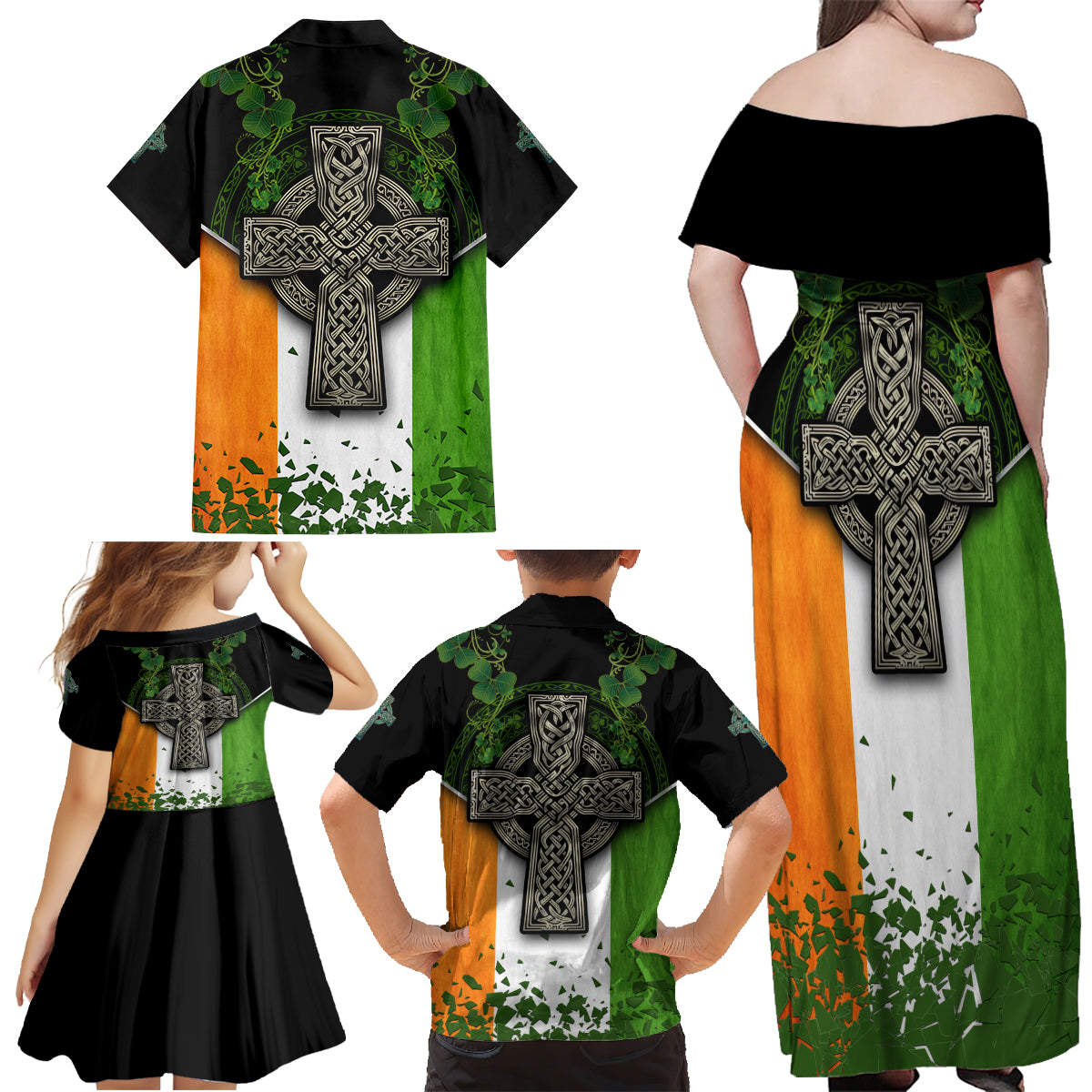Irish Cross Mix With Shamrock Floral And Flag Family Matching Off Shoulder Maxi Dress and Hawaiian Shirt - Wonder Print Shop