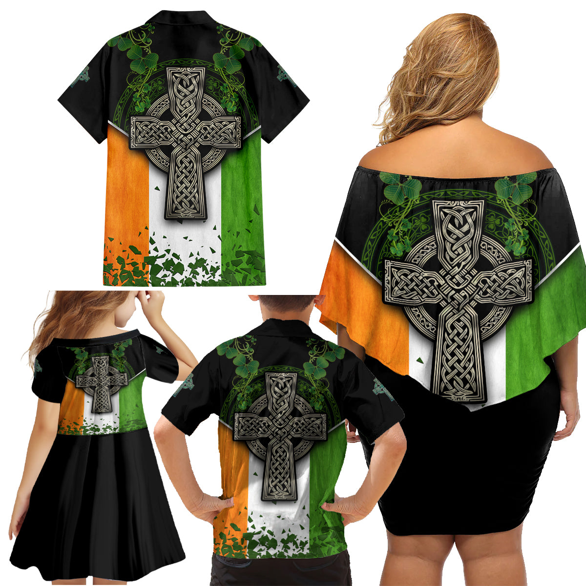 Irish Cross Mix With Shamrock Floral And Flag Family Matching Off Shoulder Short Dress and Hawaiian Shirt - Wonder Print Shop