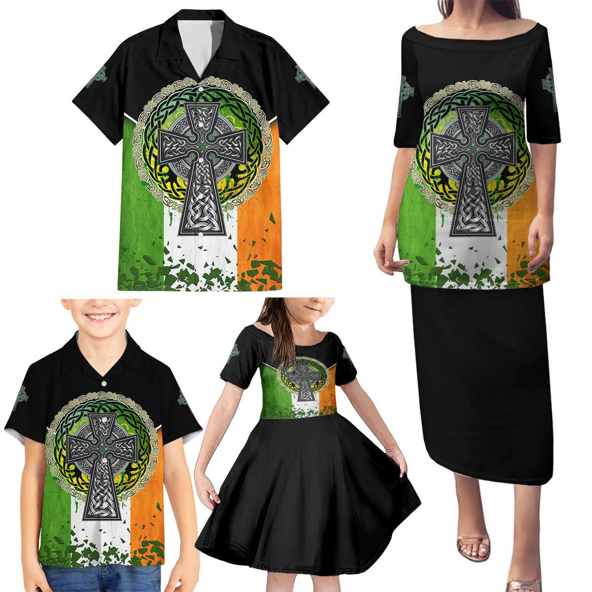 Irish Cross Mix With Shamrock Floral And Flag Family Matching Puletasi and Hawaiian Shirt - Wonder Print Shop