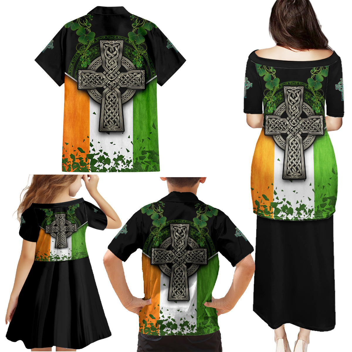 Irish Cross Mix With Shamrock Floral And Flag Family Matching Puletasi and Hawaiian Shirt - Wonder Print Shop