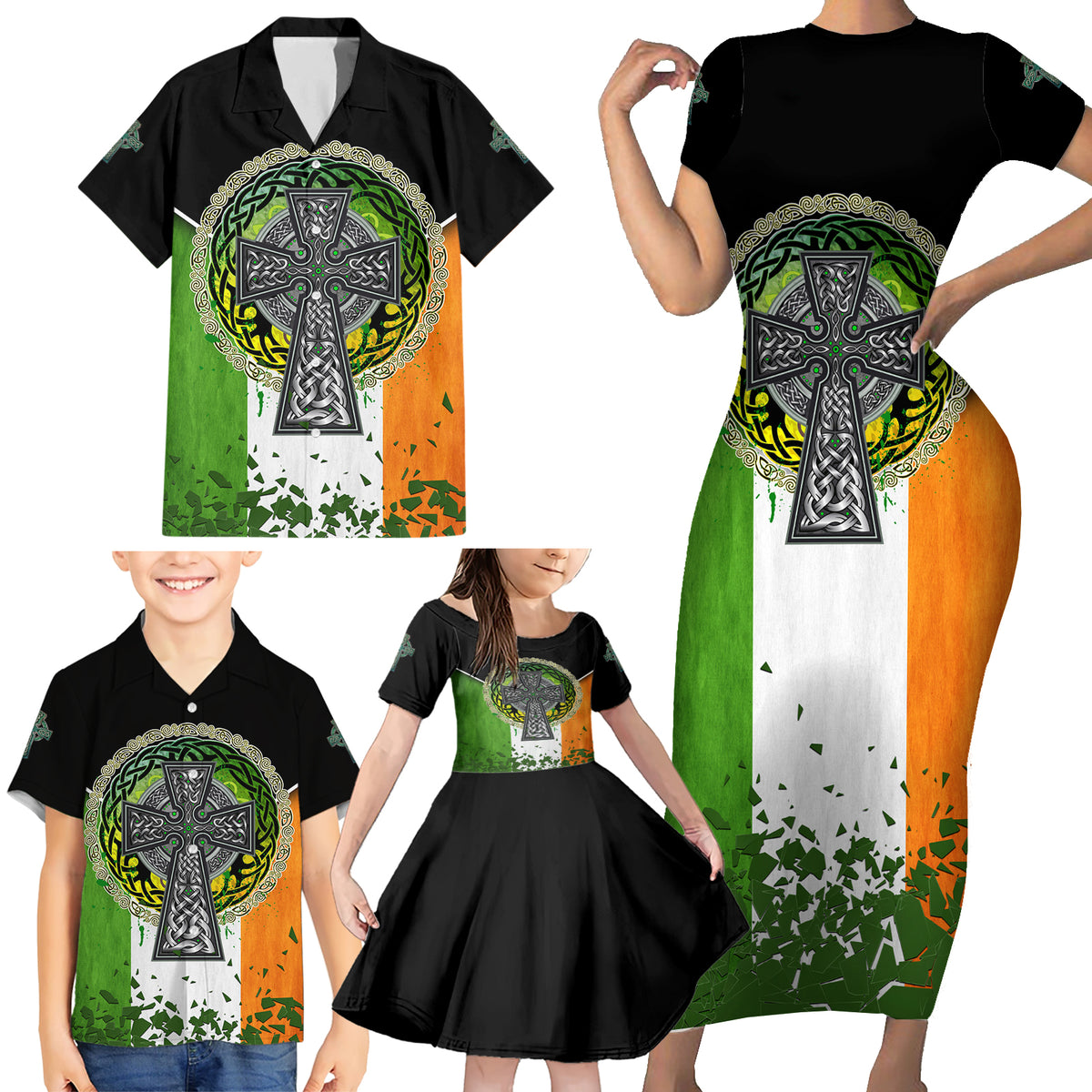Irish Cross Mix With Shamrock Floral And Flag Family Matching Short Sleeve Bodycon Dress and Hawaiian Shirt - Wonder Print Shop
