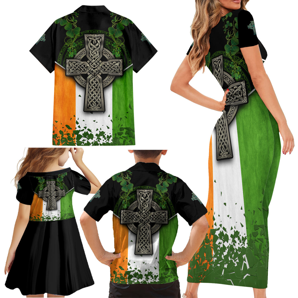 Irish Cross Mix With Shamrock Floral And Flag Family Matching Short Sleeve Bodycon Dress and Hawaiian Shirt - Wonder Print Shop