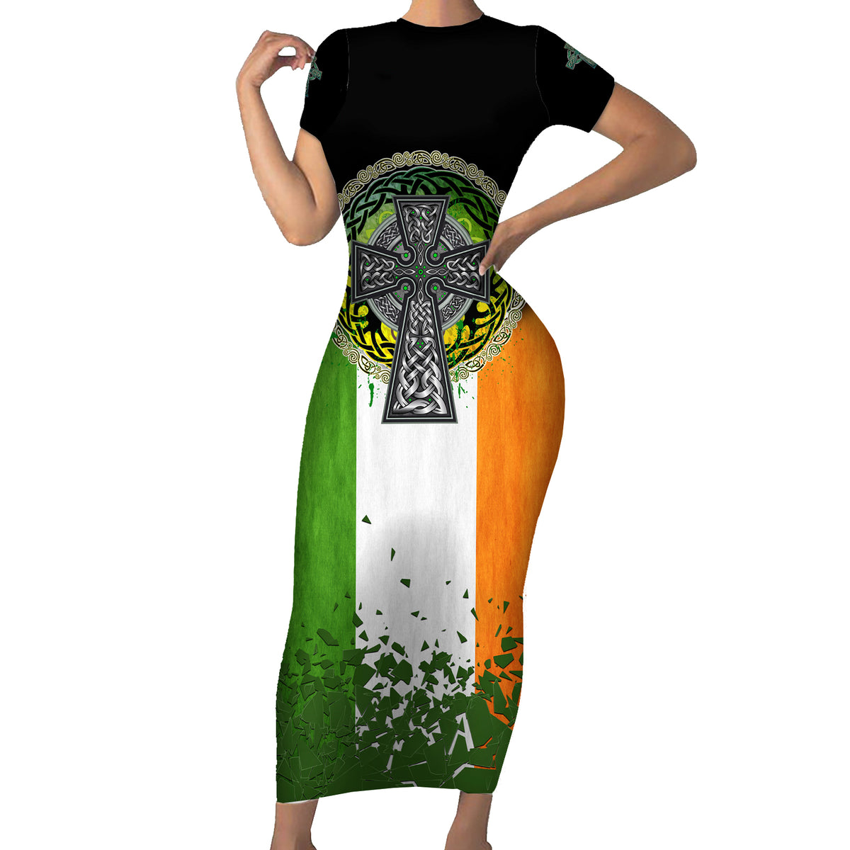 Irish Cross Mix With Shamrock Floral And Flag Family Matching Short Sleeve Bodycon Dress and Hawaiian Shirt - Wonder Print Shop