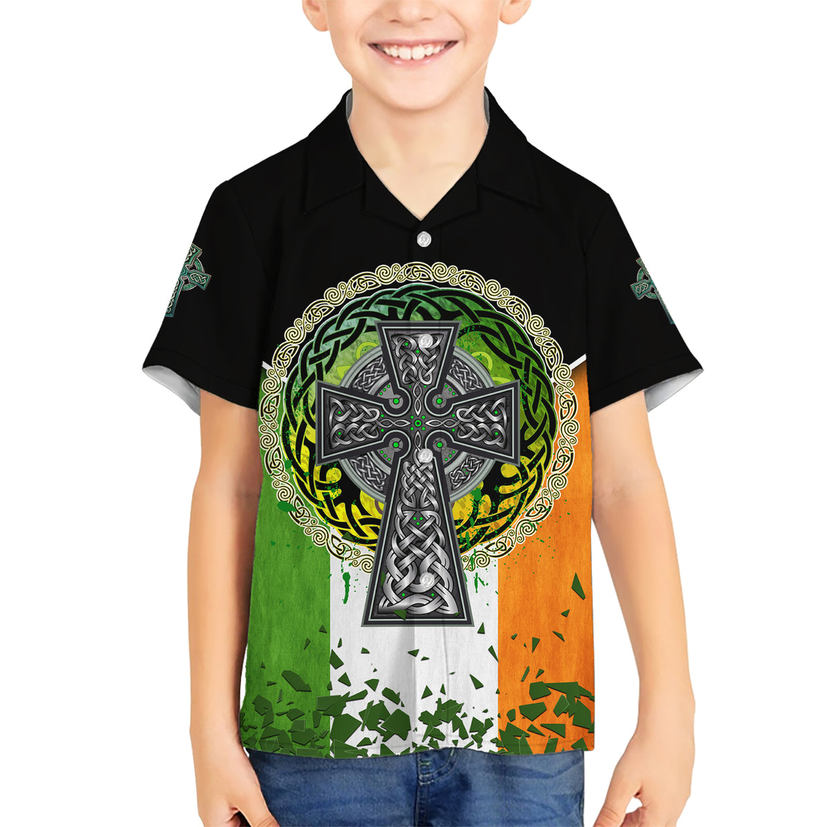 Irish Cross Mix With Shamrock Floral And Flag Family Matching Short Sleeve Bodycon Dress and Hawaiian Shirt - Wonder Print Shop