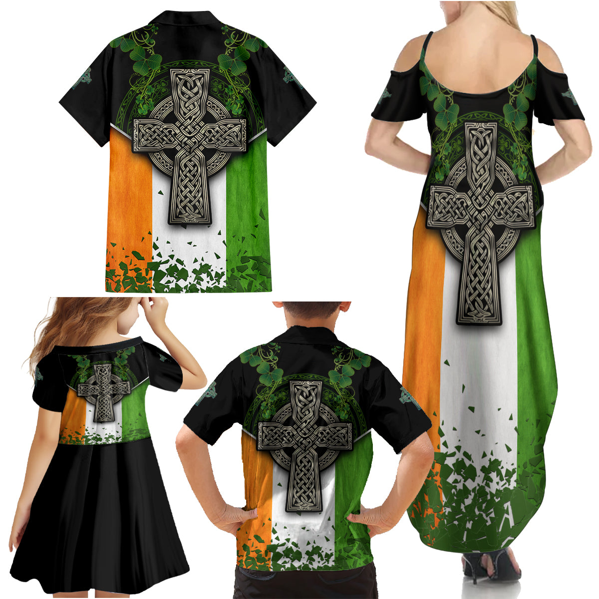 Irish Cross Mix With Shamrock Floral And Flag Family Matching Summer Maxi Dress and Hawaiian Shirt - Wonder Print Shop