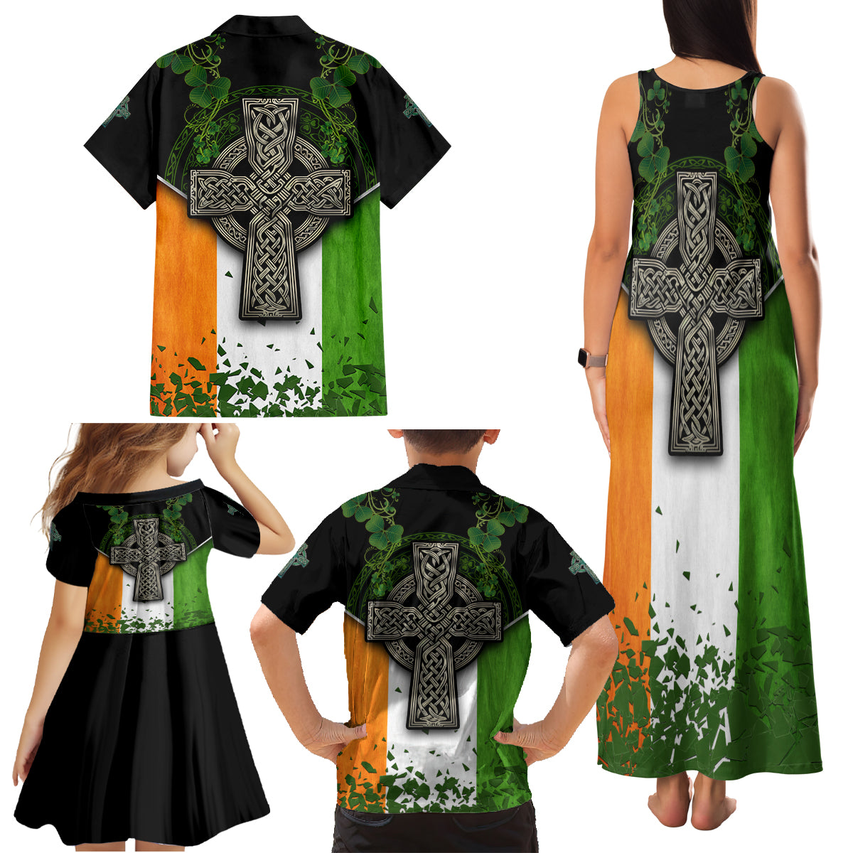 Irish Cross Mix With Shamrock Floral And Flag Family Matching Tank Maxi Dress and Hawaiian Shirt - Wonder Print Shop