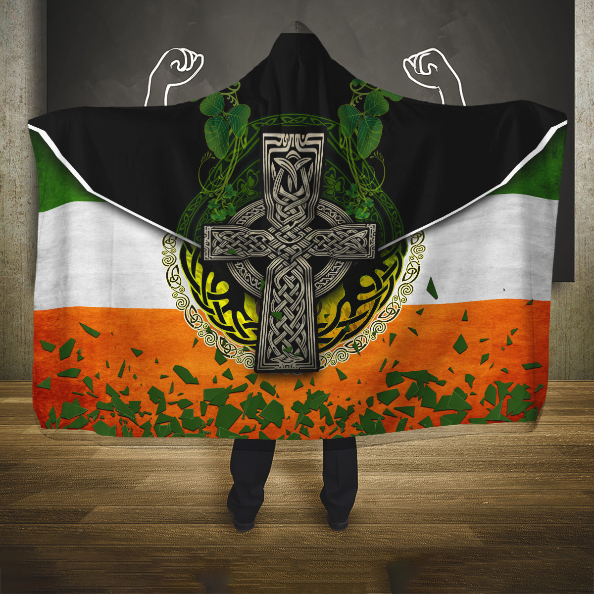 Irish Cross Mix With Shamrock Floral And Flag Hooded Blanket