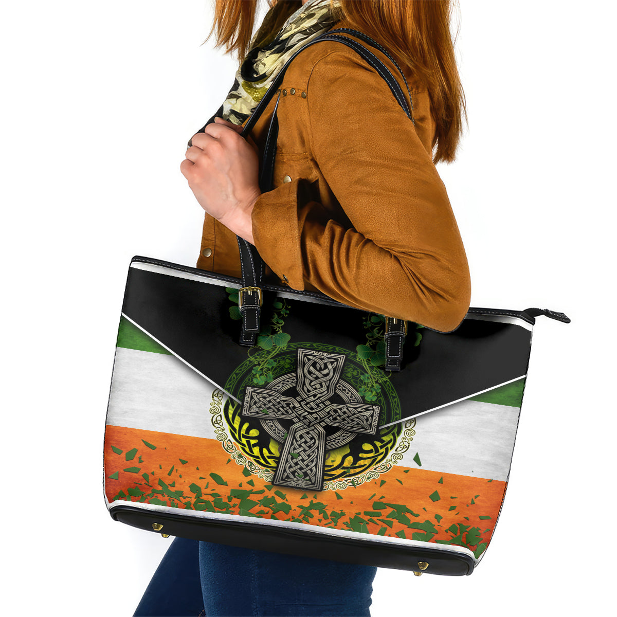 Irish Cross Mix With Shamrock Floral And Flag Leather Tote Bag - Wonder Print Shop